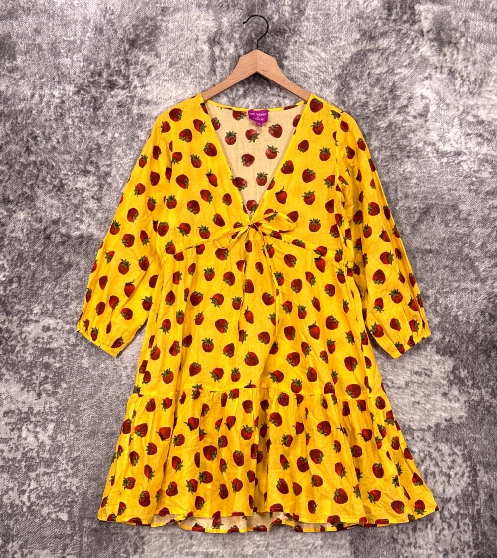 J Crew x Edie Parker Cover Up Dress XS Womens Yellow Strawberry Print Cotton